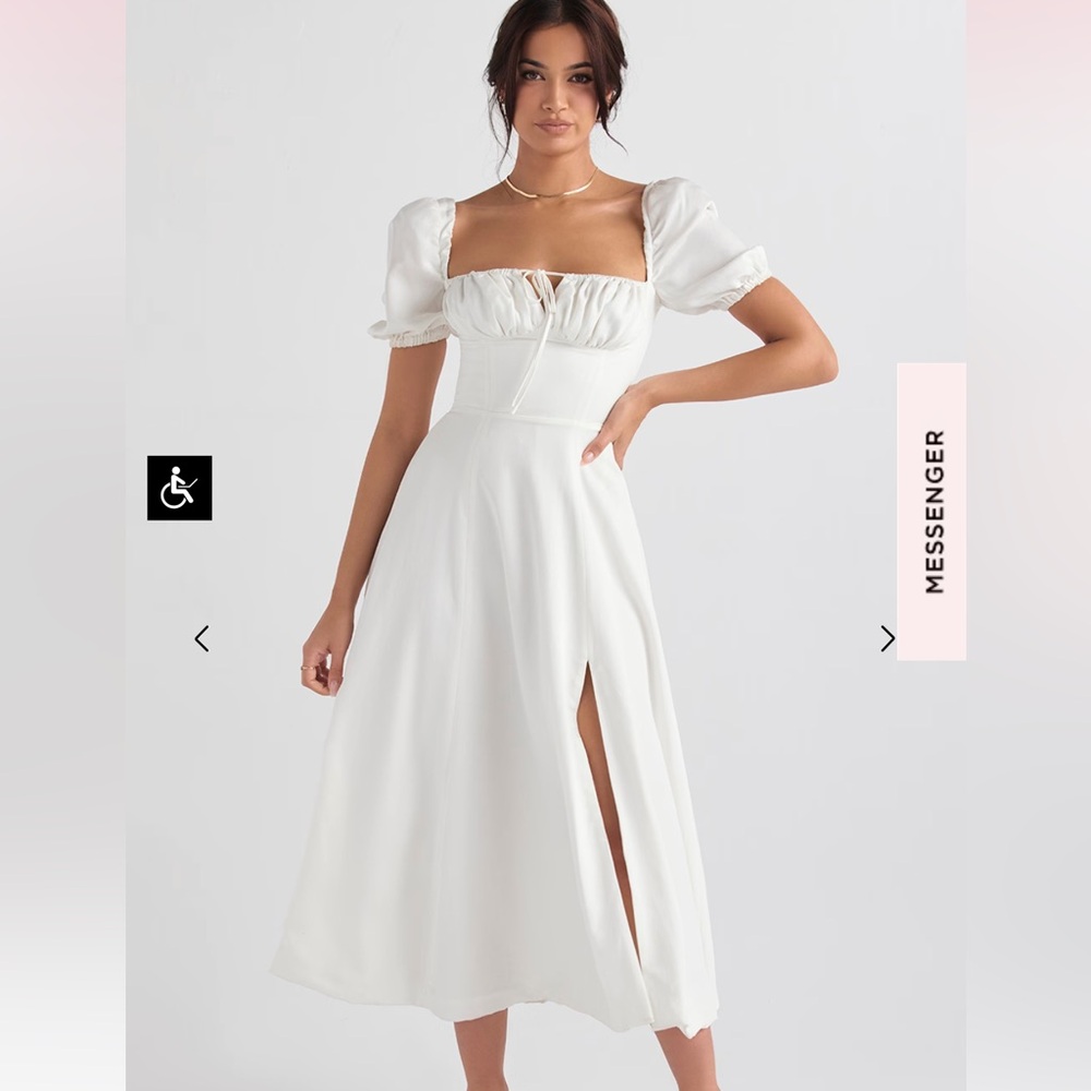 White Puff-Sleeve Midi Dress with Front Slit
